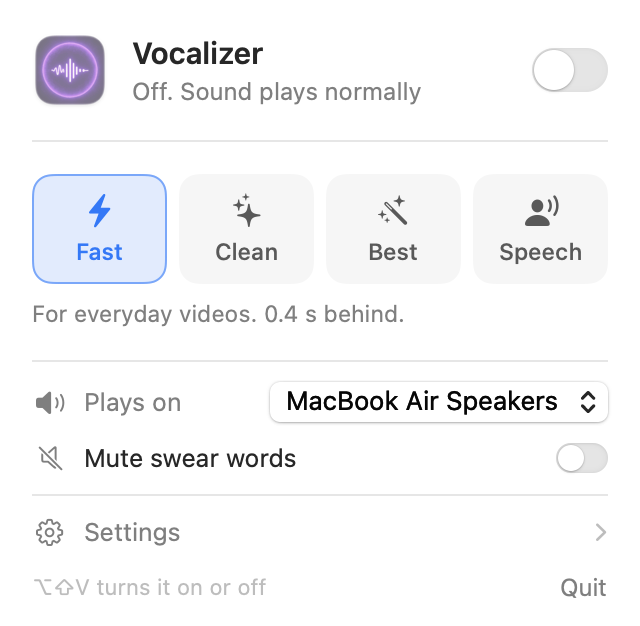 The Vocalizer menu: the on/off switch, the four modes, the output and Mute swear words